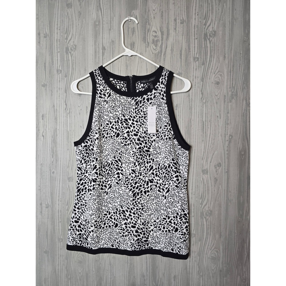 White House Black Market Tank Top Women Large Leopard Knit Zip Shell Black White